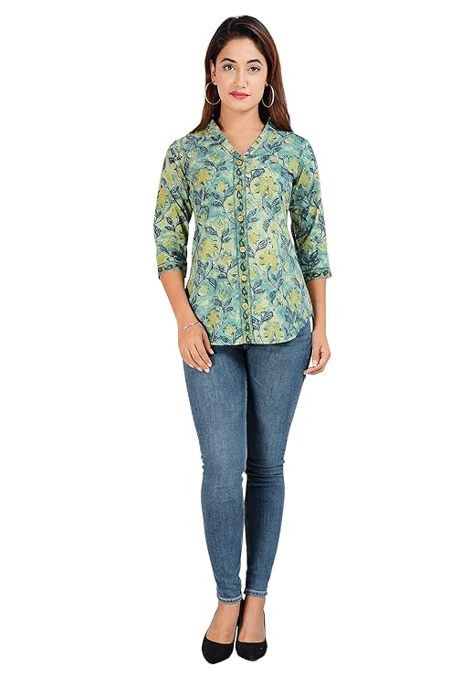 Jaipuri Cotton Floral Printed Shaded Shirt for Women (Top Style)