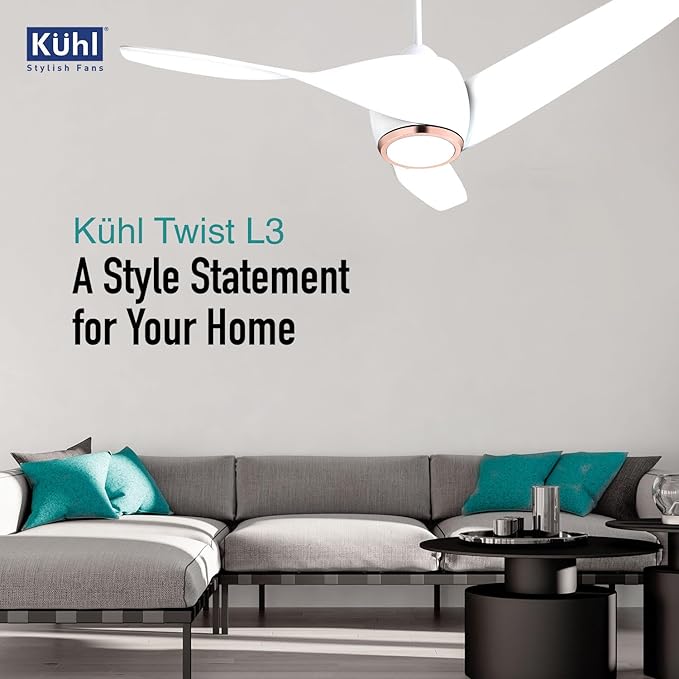 KUHL Twist L3 1320 mm 65% Power Saving BLDC Ceiling Fan | BEE 5 Star Rated & ISI Marked | High Air Flow|5Year Warranty on Motor By Brand | Free Installation | IoT – Operate via Mobile & Alexa | White
