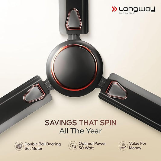 LONGWAY Kiger P1 1200 mm/48 inch Ultra High Speed 3 Blade Anti-Dust Decorative Star Rated Ceiling Fan (Smoked Brown, Pack of 1)