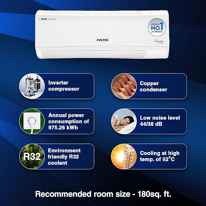 Voltas 1.5 ton 3 Star, Inverter Split AC (Copper, 4-in-1 Adjustable Mode, Anti-dust Filter, 183V Vectra CAW, White)