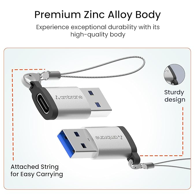 AMBRANE USB Type C Female to USB Male OTG Adapter with 5 Gbps High-Speed Data Transfer, Compatible with Laptops, Tablets, Smartphone, Chargers and More Devices (AOTG-A1, Grey)