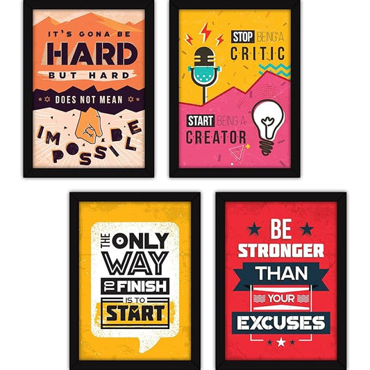 FATMUG Framed Wall Paintings Inspiring Quotes For Office and Home - Set of 4 - Happiness,Resin