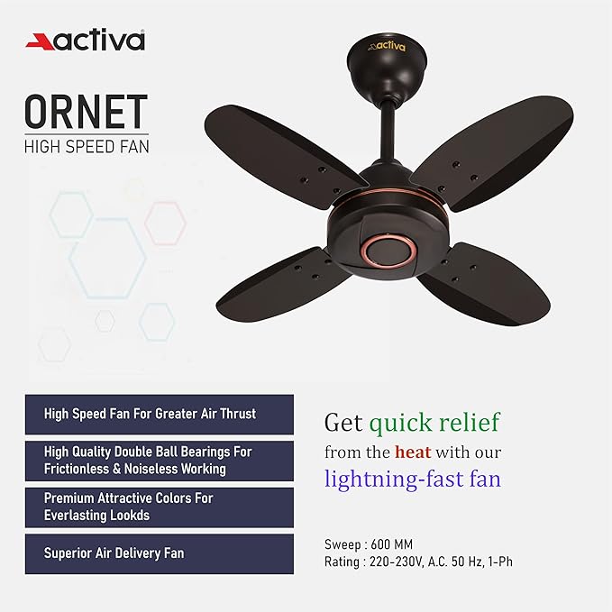 ACTIVA ORNET High Speed 850 RPM 4 Blades (600MM) Anti DUST Coating Ceiling Fan 2 Year Warranty (Smoke Brown)
