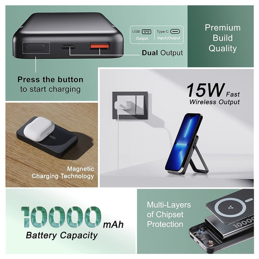 Ambrane 10000mAh Magnetic Wireless Power Bank with Stand, 15W Wireless Fast Charging, Compact 22.5W PD Wired Charger, Compatible with iPhone 12/13/14/15 & Other Wireless Devices (Aerosync PB10,Black)