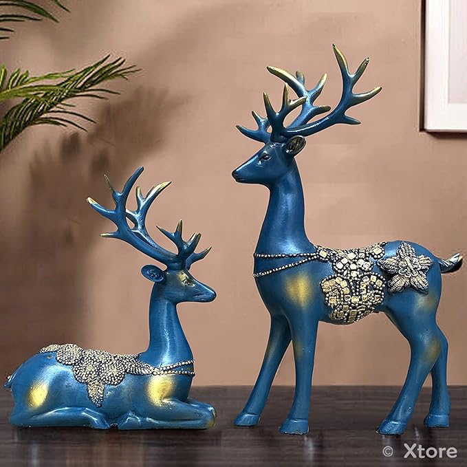 Xtore Creative Resin Golden Reindeer Sculptures | Beautiful Home Decor | Lifts up Energy of Your Room - (Pack of 2, Blue)