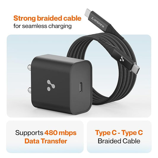 Ambrane 20W Type C Mobile Charger Adapter, Fast Charging for Android, iPhone 16/15/14/13/12/11/X (Pro,/Plus/Max Series), Samsung, Google Pixel & Oppo,Vivo Other Type C Enabled Devices, (M20,Black)