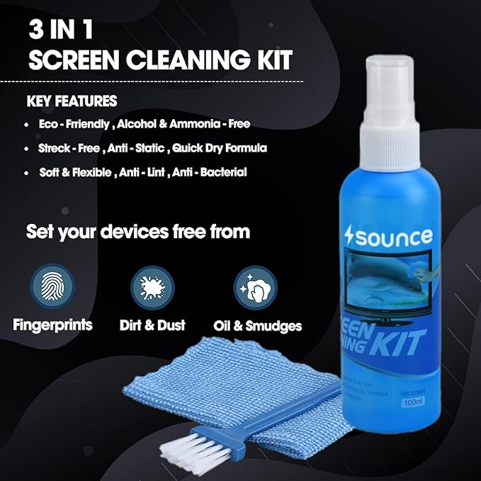 Sounce 3 in 1 Cleaning Set for Screen PC, Laptops, Monitors, Mobiles, LCD, LED, TV/Professional Quality/Prevents Static Electricity, 100ml with Micro Fiber Cloth and Soft Brush