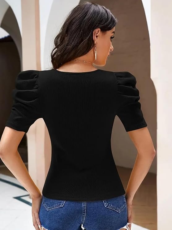 POPWINGS Casual Solid Puff Short Sleeves Round Neck Top for Women |) Latest Stylish Western Tops for Women || Summer Women Top