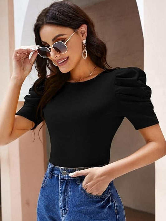 POPWINGS Casual Solid Puff Short Sleeves Round Neck Top for Women |) Latest Stylish Western Tops for Women || Summer Women Top