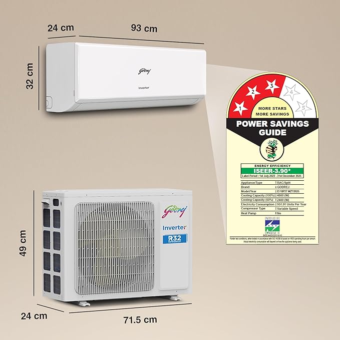 Godrej 1.5 Ton 3 Star, 5 Years Comprehensive Warranty, 5-In-1 Convertible Cooling, Inverter Split AC (Copper, 2025 Model, Heavy duty cooling at 52 °C, AC1.5T EI 18P3T WZT 3S, White)
