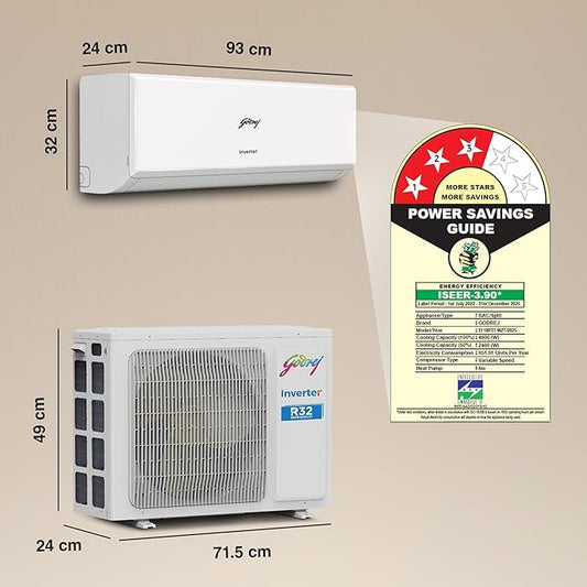 Godrej 1.5 Ton 3 Star, 5 Years Comprehensive Warranty, 5-In-1 Convertible Cooling, Inverter Split AC (Copper, 2025 Model, Heavy duty cooling at 52 °C, AC1.5T EI 18P3T WZT 3S, White)