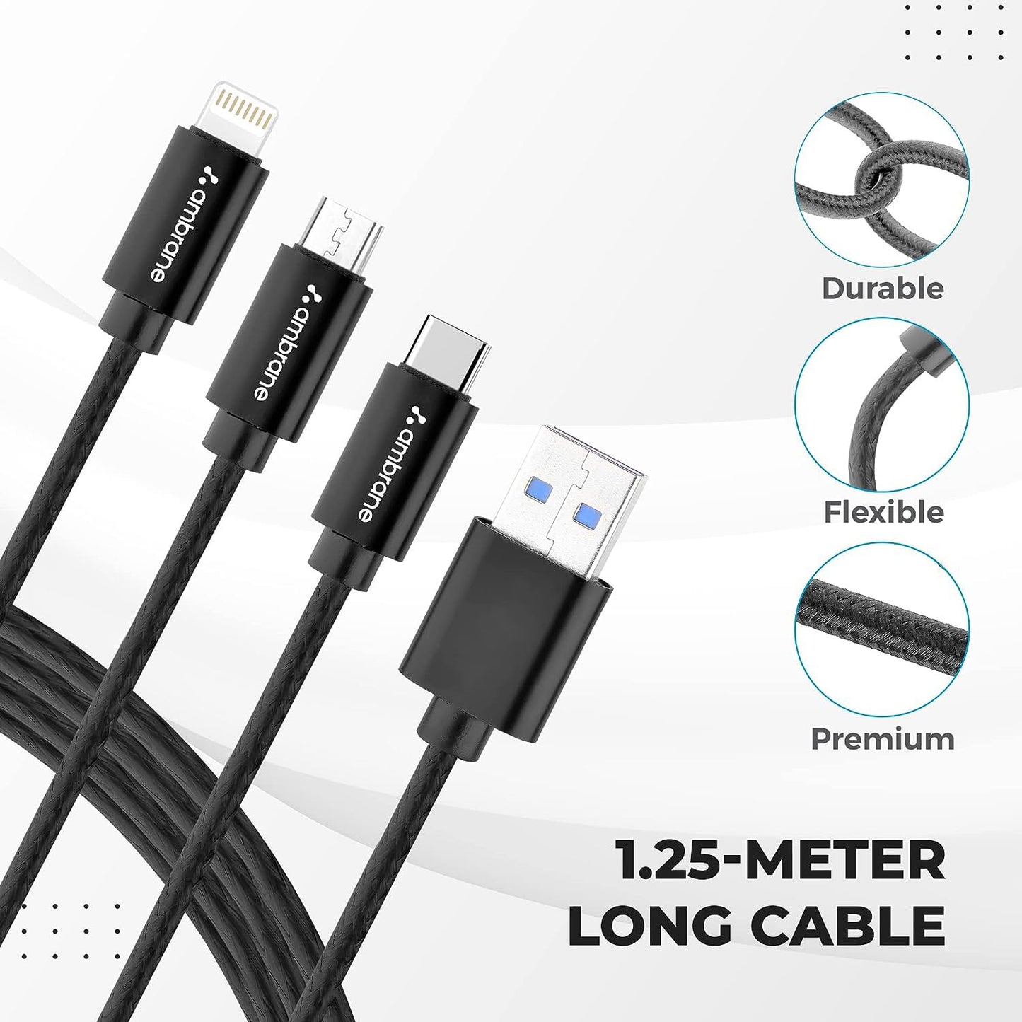 Ambrane Unbreakable 3 in 1 USB Fast Charging USB Cable with Type C, Lightning, Micro USB Port with 2.1 A, Compatible with iPhone, iPad, Samsung, OnePlus, Mi, Oppo, Vivo, Xiaomi, 1.25M (Trio-11, Black)