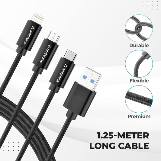 Ambrane Unbreakable 3 in 1 USB Fast Charging USB Cable with Type C, Lightning, Micro USB Port with 2.1 A, Compatible with iPhone, iPad, Samsung, OnePlus, Mi, Oppo, Vivo, Xiaomi, 1.25M (Trio-11, Black)