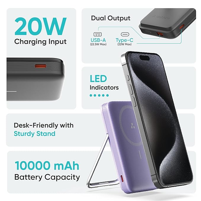 Ambrane 10000mAh MagSafe Powerbank with Stand 22.5W Wired & 15W Wireless Fast Charging Dual Input (Type-C & Lightning) | Triple Output | for iPhone 16/15/14/13/12 & Android Devices (PB11, Purple)