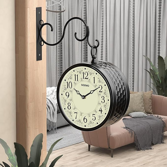 Solimo Double Sided Vintage Station Wall Clock, one Side Roman and Other Side Numeral dial (8 Inches, Black) Metal, Analog