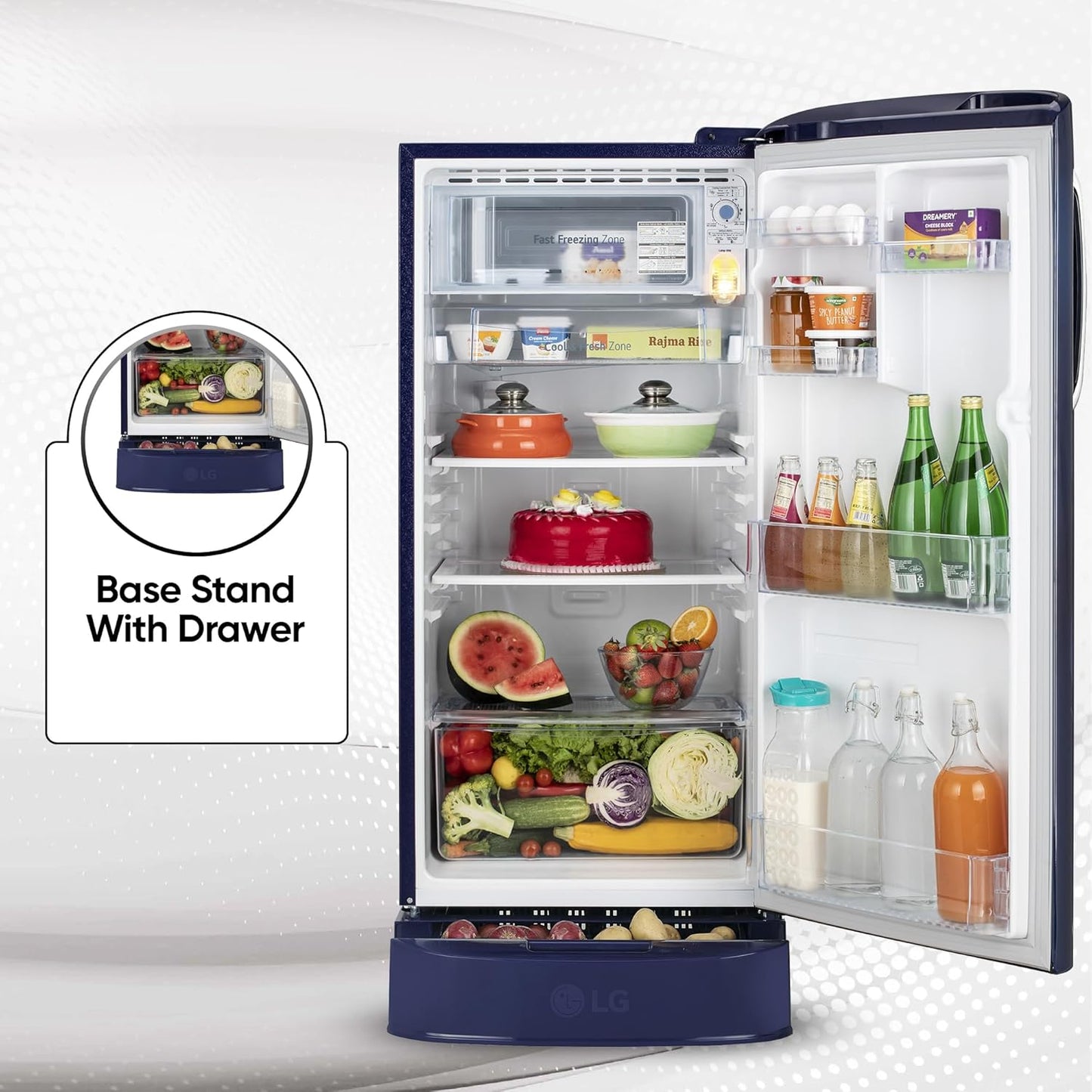 LG 185 L 5 Star Direct Cool Smart Inverter Compressor Single Door Refrigerator (GL-D201ABIU, Blue ILAN, Moist N Fresh, Auto Smart Connect with Base Stand Drawer)