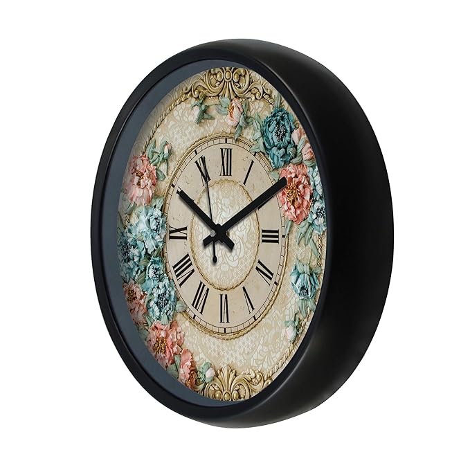 Solimo 12-Inch Plastic&Glass Analog Wall Clock-Victorian Bliss(Silent Movement),Black