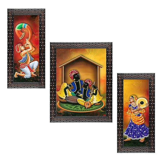 Indianara 3 PC Set of Rajasthani Folk Music & Dance Paintings (1084) Without Glass 5.2 X 12.5, 9.5 X 12.5, 5.2 X 12.5 INCH (Indr1084)(multicolor1084)