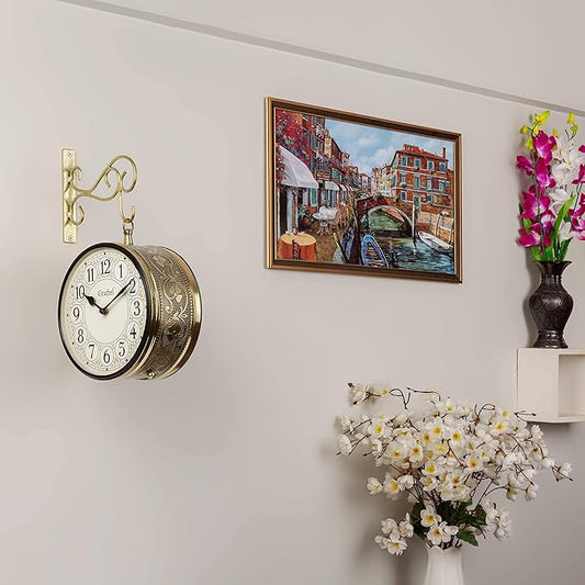 CRAFTEL Metal Analog Double Sided Vintage Railway Station Wall Clock Platform Hanging Clock for Living Room Home Office (Shiny Gold_8 Inches)
