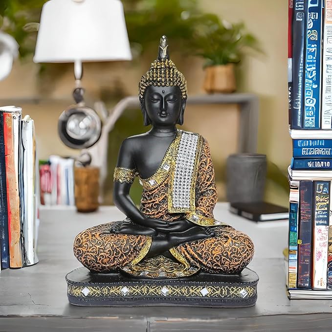 Global Grabbers New 25 Centimetre Meditating Sitting Buddha Statue showpiece Idol Home Decor Items for Living Room and Gifts (1, Orange Black)