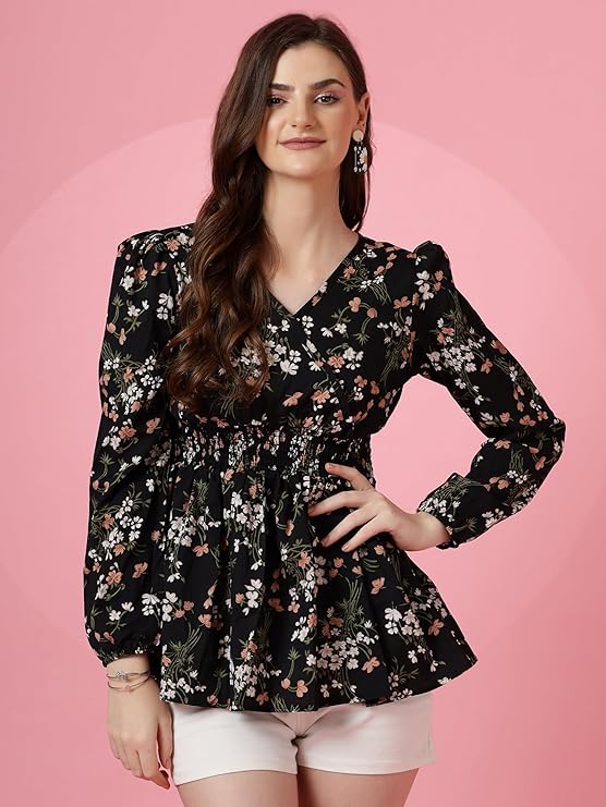 Women's Casual Puff Sleeves Floral Print Peplum Top
