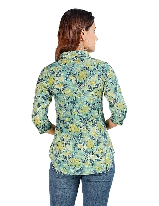 Jaipuri Cotton Floral Printed Shaded Shirt for Women (Top Style)