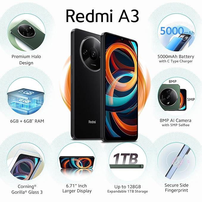 Redmi A3 (Midnight Black, 6GB RAM, 128GB Storage) | Premium Halo Design | 90Hz Display | Powerful 4G G36 Processor