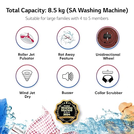 LG 8.5 kg 5 Star Semi-Automatic Top Load Washing Machine (P8530SRAZ, Burgundy, Roller Jet Pulsator)