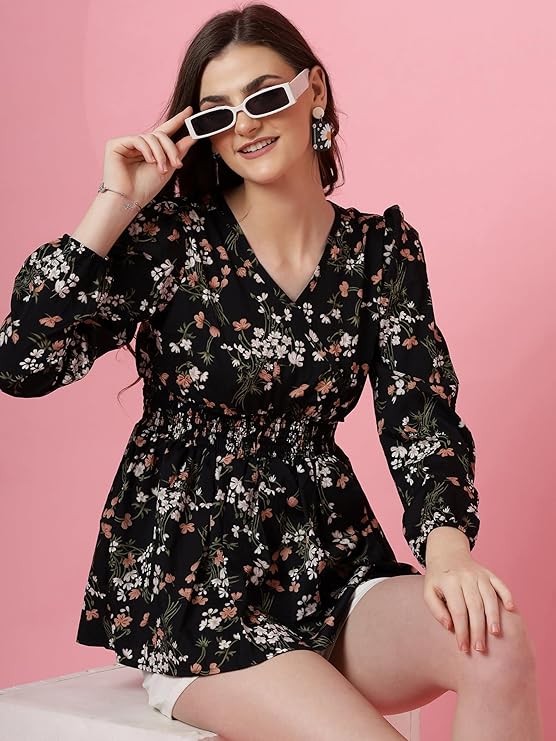 Women's Casual Puff Sleeves Floral Print Peplum Top