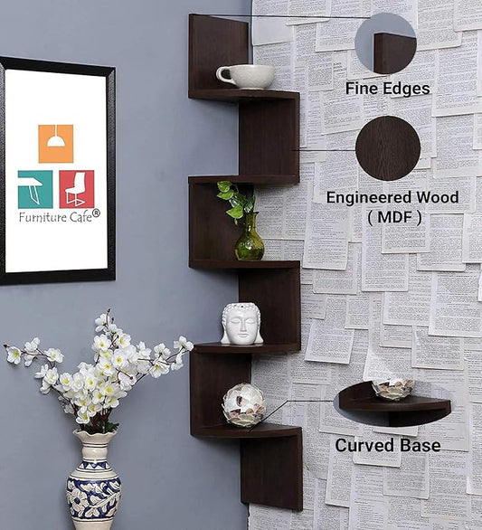 Furniture Cafe Wooden Wall Shelves | Corner Hanging Shelf for Living Room Stylish | Zig Zag Home Decor Floating Display Rack Storage Organizer Unique Design with Finish 5 Tiers (Brown Finish)