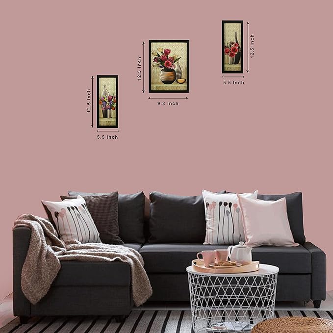 3 Pc Set of Floral Paintings (1056) Without Glass 5.2 X 12.5, 9.5 X 12.5, 5.2 X 12.5 Inch-Multicolour