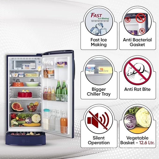 LG 185 L 5 Star Direct Cool Smart Inverter Compressor Single Door Refrigerator (GL-D201ABIU, Blue ILAN, Moist N Fresh, Auto Smart Connect with Base Stand Drawer)