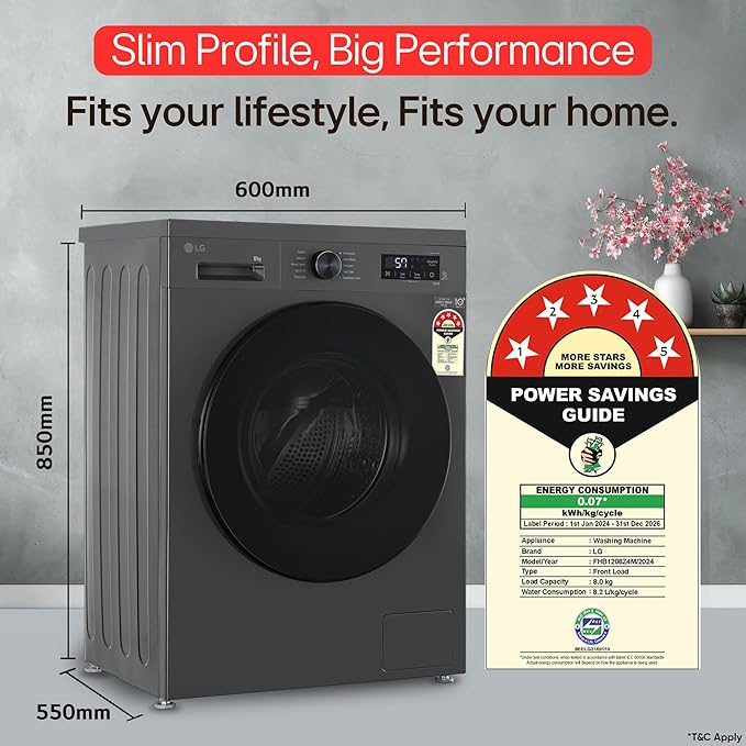 LG 8 Kg, 5 Star, Wi-Fi, Direct Drive Technology, Steam Wash, 6 Motion DD, Fully-Automatic Front Load Washing Machine (FHB1208Z4M, Allergy Care, In-Built Heater, Touch Panel, 2024 model, Middle Black)