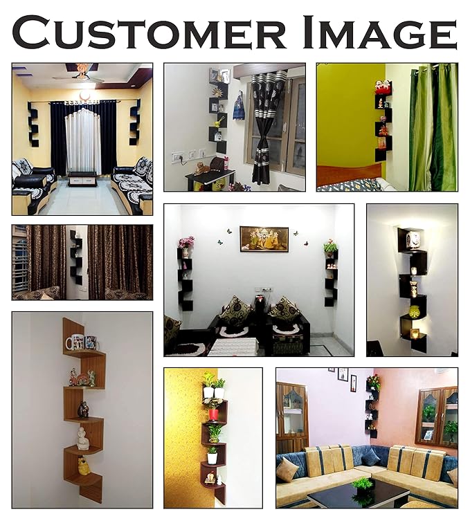 Furniture Cafe Wooden Wall Shelves | Corner Hanging Shelf for Living Room Stylish | Zig Zag Home Decor Floating Display Rack Storage Organizer Unique Design with Finish 5 Tiers (Brown Finish)