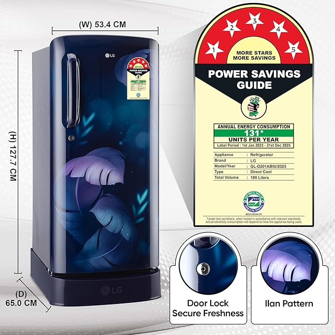 LG 185 L 5 Star Direct Cool Smart Inverter Compressor Single Door Refrigerator (GL-D201ABIU, Blue ILAN, Moist N Fresh, Auto Smart Connect with Base Stand Drawer)