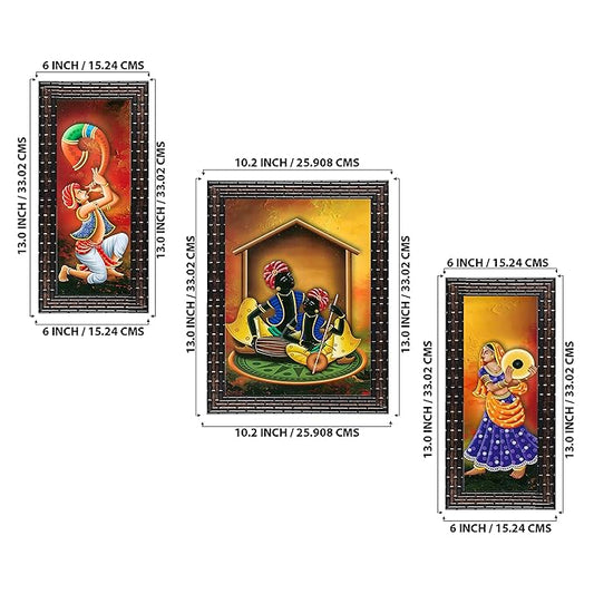 Indianara 3 PC Set of Rajasthani Folk Music & Dance Paintings (1084) Without Glass 5.2 X 12.5, 9.5 X 12.5, 5.2 X 12.5 INCH (Indr1084)(multicolor1084)