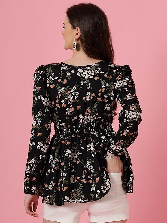 Women's Casual Puff Sleeves Floral Print Peplum Top