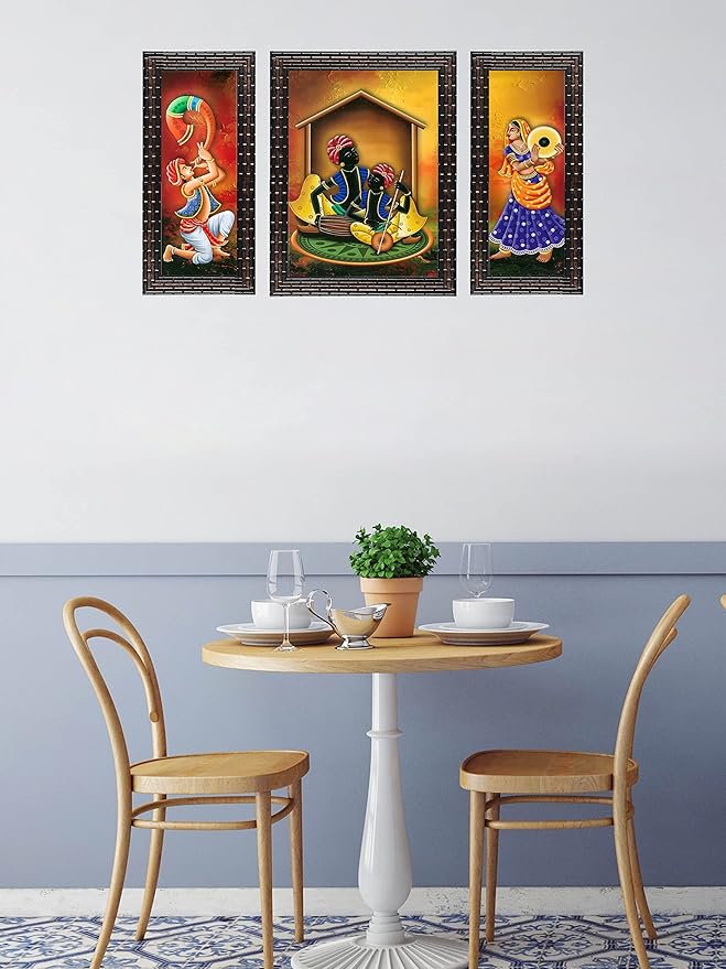 Indianara 3 PC Set of Rajasthani Folk Music & Dance Paintings (1084) Without Glass 5.2 X 12.5, 9.5 X 12.5, 5.2 X 12.5 INCH (Indr1084)(multicolor1084)