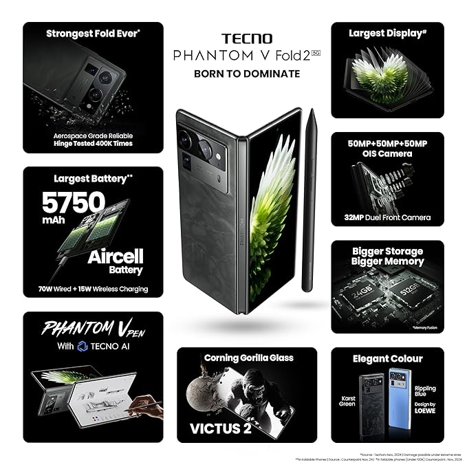 Tecno Phantom V Fold 2 (Karst Green, 12GB+512GB) | Strongest Fold Ever | Largest Battery in Fold Segment-5750mAh | Segment Largest Display | Rear - Triple 50MP Camera with OIS | 70W Fast Charger
