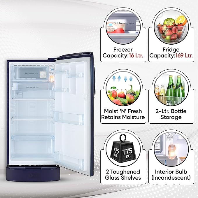 LG 185 L 5 Star Direct Cool Smart Inverter Compressor Single Door Refrigerator (GL-D201ABIU, Blue ILAN, Moist N Fresh, Auto Smart Connect with Base Stand Drawer)