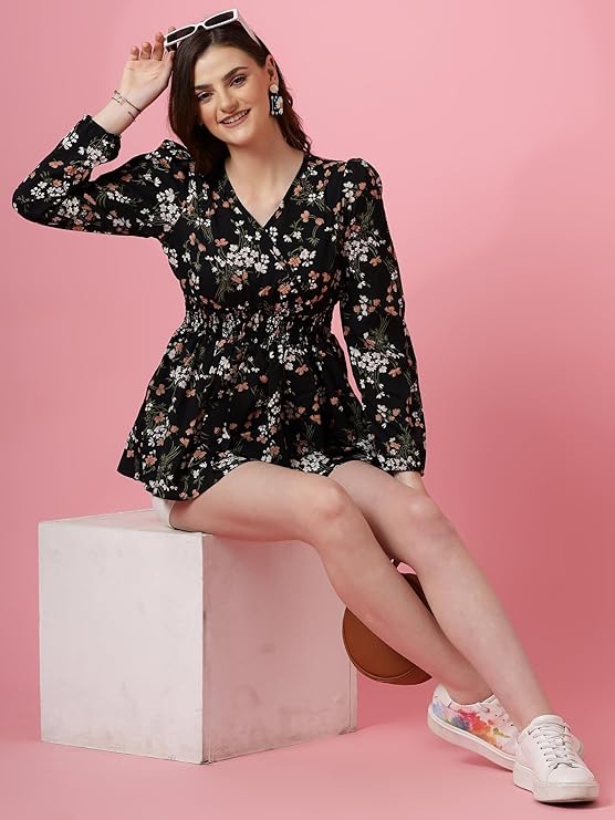 Women's Casual Puff Sleeves Floral Print Peplum Top
