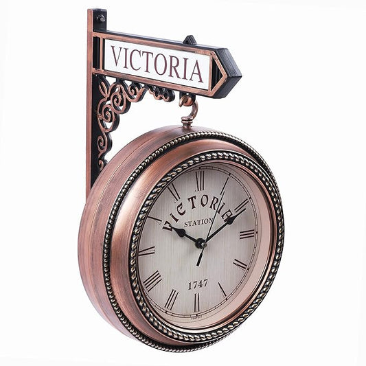 Ximdeco Plastic Wooden Pattern Replica Dual Side Victoria Station Wall Clock Vintage Style Large Numerals Quartz Movement Platform Railway Clock Home Decor (Copper)