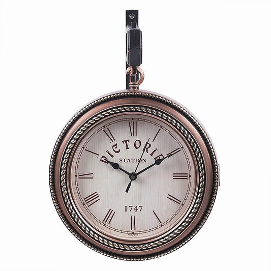 Ximdeco Plastic Wooden Pattern Replica Dual Side Victoria Station Wall Clock Vintage Style Large Numerals Quartz Movement Platform Railway Clock Home Decor (Copper)