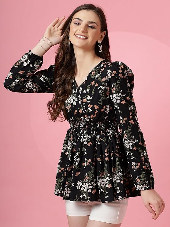 Women's Casual Puff Sleeves Floral Print Peplum Top
