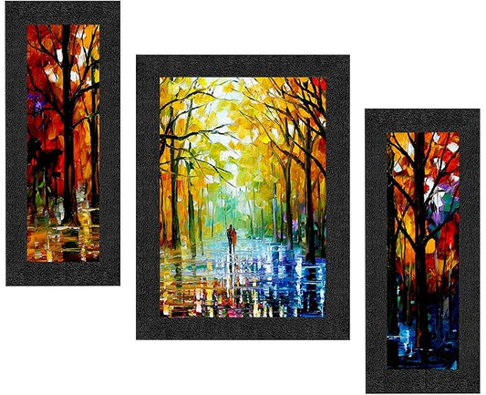 SAF paintings Set of 3 Walking Couple in Forest Watercolor UV Coated Home Decorative Gift Item Framed Painting 13.5 inch X 22.5 inch SANFSAA9201-Multicolour