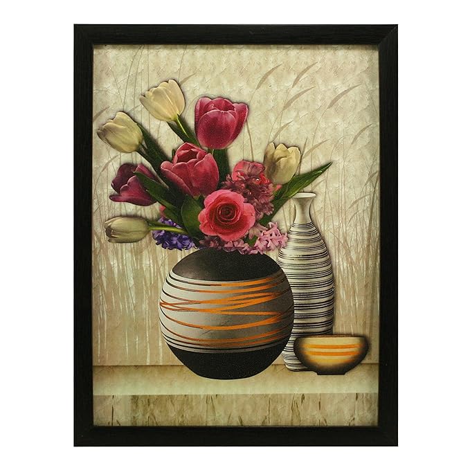3 Pc Set of Floral Paintings (1056) Without Glass 5.2 X 12.5, 9.5 X 12.5, 5.2 X 12.5 Inch-Multicolour