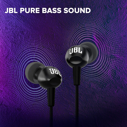 JBL C100SI Wired In Ear Headphones with Mic, JBL Pure Bass Sound, One Button Multi-function Remote, Premium Metallic Finish, Angled Buds for Comfort fit (Black)
