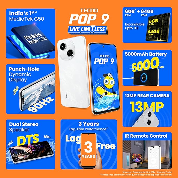 Tecno POP 9 (Glittery White, 3GB+64GB) |India's 1st Mediatek G50 | IP54 Rated | IR Remote | Dual Speaker with DTS | 36 Month Lag Free Fluency | 15W Fast Charging Support | 5000 mAh Battery