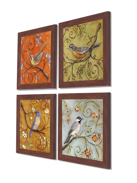 Painting Mantra - Multicolor Jardine Birds Set of 4 Brown Framed Painting,UV Textured Art Prints (10 x 10 inch)