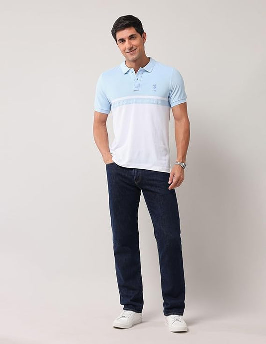 U.S. Polo Assn. Men's Blue Colour Blocked Polo Collar Half Sleeve Casual Cotton Slim Fit T-Shirt